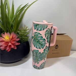 HydroJug Monstera 40oz Pink Bottle with Green Leaf Pattern